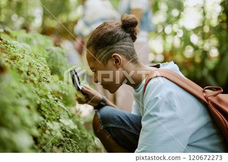 African American teen boy using magnifying glass to look closer at plant growing in botanical garden, side view African American teen boy using magnifying glass to look closer at plant growing in botanical garden, side view 120672273