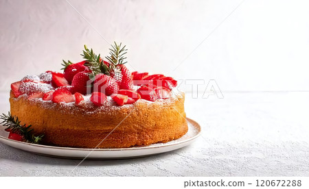 AI-generated illustration of a Christmas-style sponge cake decorated with strawberries and powdered sugar (with copy space) AI-generated illustration of a Christmas-style sponge cake decorated with strawberries and powdered sugar (with copy space) 120672288