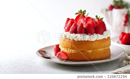 AI-generated sweets illustration of a strawberry sponge cake (two-tiered cake with copy space) 120672294