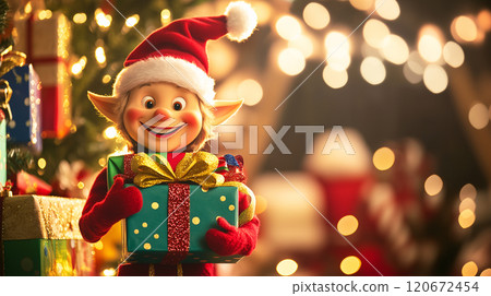 Friendly holiday elf with a cheerful smile, holding a stack of colorful presents, surrounded by festive decorations and Christmas lights. AI generated. Friendly holiday elf with a cheerful smile, holding a stack of colorful presents, surrounded by festive decorations and Christmas lights. AI generated. 120672454