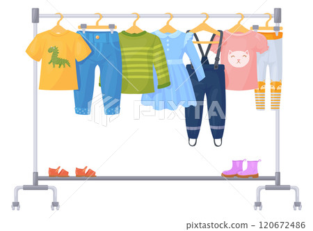Wardrobe hanger with kid clothes. Children fashion apparel Wardrobe hanger with kid clothes. Children fashion apparel 120672486