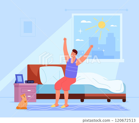 Man wake up. Morning routine. Happy person in bedroom Man wake up. Morning routine. Happy person in bedroom 120672513