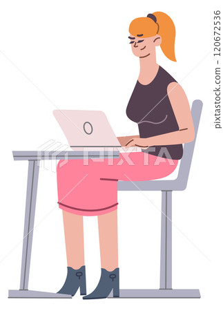Student girl work on laptop. University lecture desk Student girl work on laptop. University lecture desk 120672536