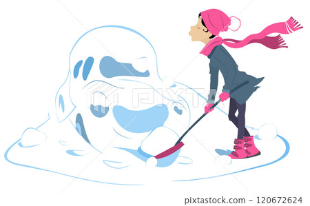 Winter. Snowfall. Woman digs the car out from under the snow. Snow removal. Girl with a spade tries to dig a car out from under the snow	 120672624