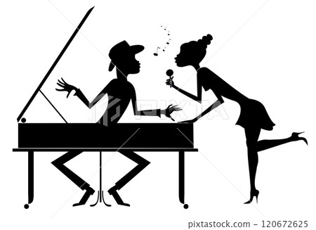 Couple musicians. Singer woman and pianist man. Duet of musicians. Singer woman standing near a piano and pianist man. Black on white silhouette 120672625