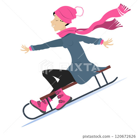 Sledding young female person. Pretty young girl rides on sledge in warm clothes like hat and scarf. Isolated on white background	 120672626