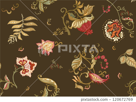 Fantasy flowers in retro, vintage, jacobean embroidery style 120672769