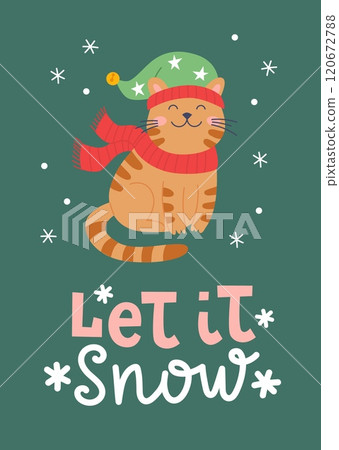 Christmas cat wearing hat and scarf. Christmas feline card. Vector card design template Christmas cat wearing hat and scarf. Christmas feline card. Vector card design template 120672788