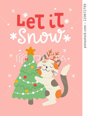 Cat with Christmas tree. Christmas feline card. Vector card design template Cat with Christmas tree. Christmas feline card. Vector card design template 120672789