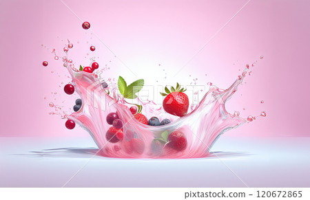 The image captures a vibrant and dynamic scene of mixed berries and mint splashed with liquid, against a soft pink background 120672865