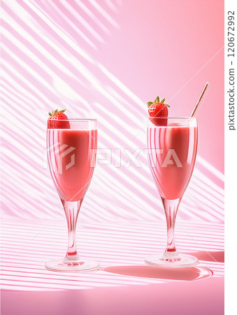 The image presents an artistic arrangement of two strawberry smoothies in clear, tall glasses adorned with decoration 120672992