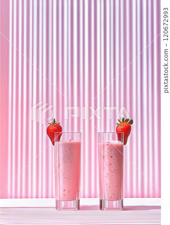 The image presents an artistic arrangement of two strawberry smoothies in clear, tall glasses adorned with decoration 120672993