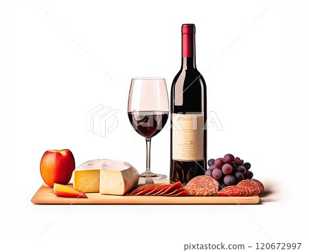 The image presents an elegantly arranged food and wine setting, likely designed for a luxurious snack or a small gathering 120672997
