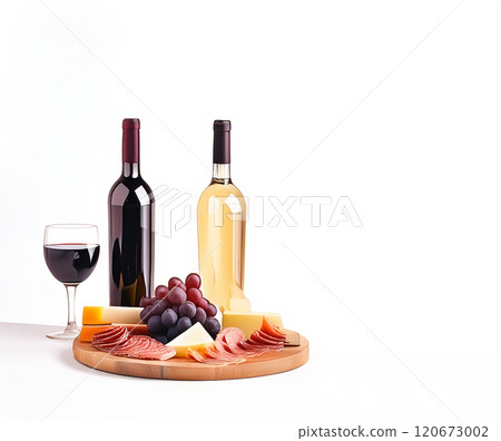 The image presents an elegantly arranged food and wine setting, likely designed for a luxurious snack or a small gathering 120673002