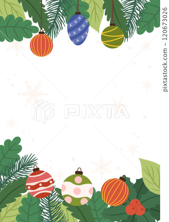 Festive Poster template of hanging ornaments, pine branches, holly, and snowflakes on a light background, perfect for holiday designs. 120673026