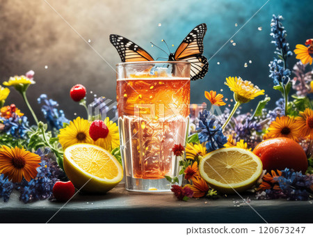Captivating scene with a glass filled with a beverage and garnished with fruit slices and flowers, centered amidst a lush field of vibrant wildflowers 120673247