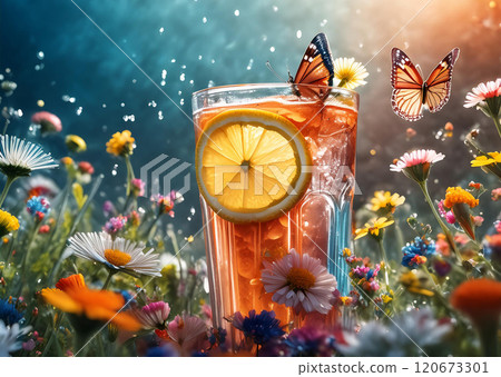 Captivating scene with a glass filled with a beverage and garnished with fruit slices and flowers, centered amidst a lush field of vibrant wildflowers 120673301