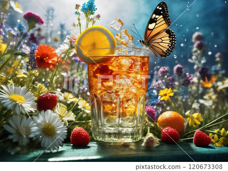 Captivating scene with a glass filled with a beverage and garnished with fruit slices and flowers, centered amidst a lush field of vibrant wildflowers 120673308