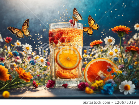 Captivating scene with a glass filled with a beverage and garnished with fruit slices and flowers, centered amidst a lush field of vibrant wildflowers 120673319