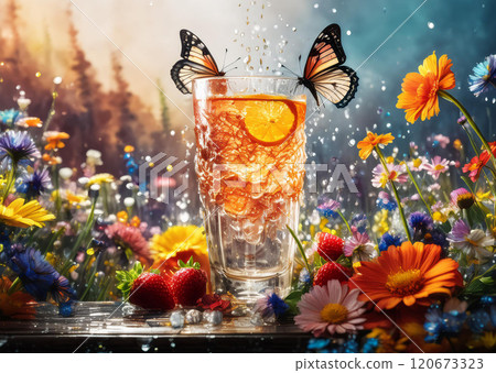 Captivating scene with a glass filled with a beverage and garnished with fruit slices and flowers, centered amidst a lush field of vibrant wildflowers Captivating scene with a glass filled with a beverage and garnished with fruit slices and flowers, centered amidst a lush field of vibrant wildflowers 120673323