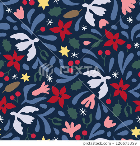 Merry Christmas winter botanical seamless pattern on dark. Floral new year vector background with poinsettia flowers, dove. 120673359