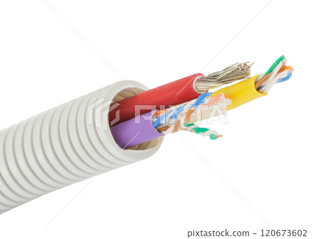 Close Up of Multi-Core Electrical Cables in Conduit 120673602