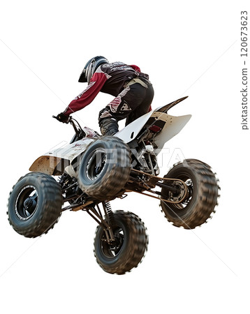 Four wheeled all terrain vehicle soaring through air with stunt rider, showcasing thrilling action and excitement in off road environment 120673623