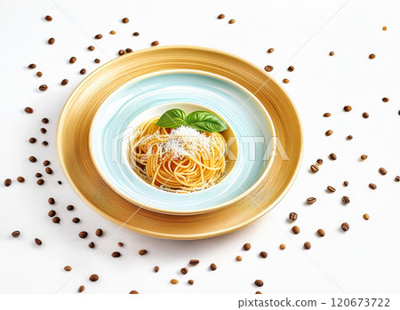 The image presents a beautifully arranged dish of spaghetti on a ceramic plate with grated cheese and fresh basil leaves 120673722