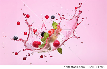 The image captures a vibrant and dynamic scene of mixed berries and mint splashed with liquid, against a soft pink background 120673788