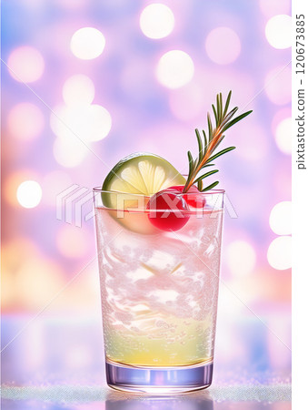 The image features a close-up of a festive beverage in a transparent glass, meticulously garnished and set against a warmly lit, sparkling background 120673885