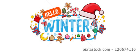 Hello winter banner design template with santa hat, christmas tree, candy, hat, mittens, berries, stars, gifts, balls, moon , gingerbread man, cookies. Hello winter blue sticker isolated on white Hello winter banner design template with santa hat, christmas tree, candy, hat, mittens, berries, stars, gifts, balls, moon , gingerbread man, cookies. Hello winter blue sticker isolated on white 120674116