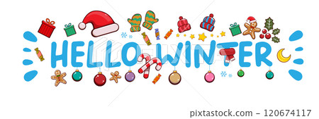 Hello winter banner design template with santa hat, christmas tree, candy, hat, mittens, berries, stars, gifts, balls, moon , gingerbread man, cookies. Hello winter blue sticker isolated on white 120674117