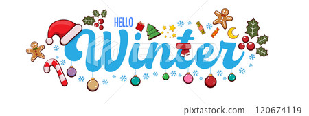 Hello winter banner design template with santa hat, christmas tree, candy, hat, mittens, berries, stars, gifts, balls, moon , gingerbread man, cookies. Hello winter blue sticker isolated on white Hello winter banner design template with santa hat, christmas tree, candy, hat, mittens, berries, stars, gifts, balls, moon , gingerbread man, cookies. Hello winter blue sticker isolated on white 120674119