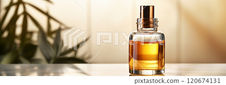 Glass dropper bottle for face care with copy space for text, skincare beauty product presentation 120674131