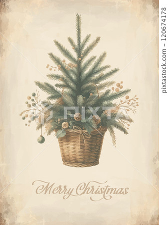 Watercolor vintage card with Christmas tree in a wicker basket. 120674178