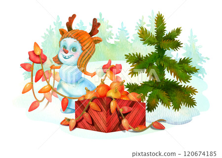 Christmas composition with funny snowman in horned hat sorting out box of Christmas decorations next to green fir. Child cartoon character on winter conifer forest background for card, poster, sticker 120674185