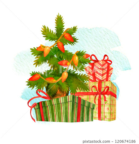 Christmas scene. Festive composition with fir and colorful gifts with ribbons and bows on isolated watercolor brush stroke background. Hand drawn illustration for winter holidays prints and designs 120674186
