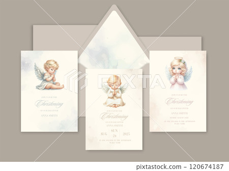 Watercolor Invitation Template card with newborn blond baby angel prays sacrament of baptism. Watercolor Invitation Template card with newborn blond baby angel prays sacrament of baptism. 120674187