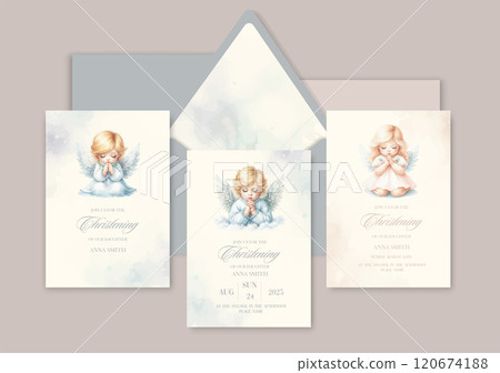 Watercolor Invitation Template card with newborn blond baby angel prays sacrament of baptism. 120674188
