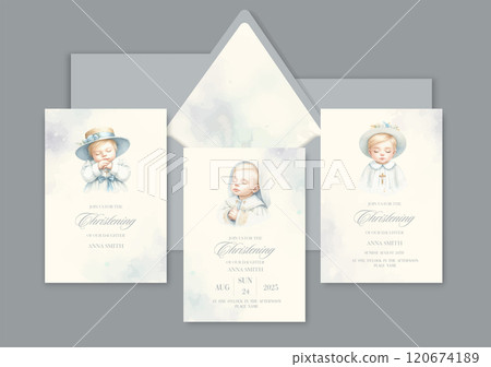 Watercolor Invitation Template card with newborn blond baby sacrament of baptism. 120674189