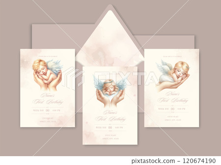 First birthday watercolor Invitation Template card with newborn blond baby angel sleeps sweetly in mothers palms. 120674190