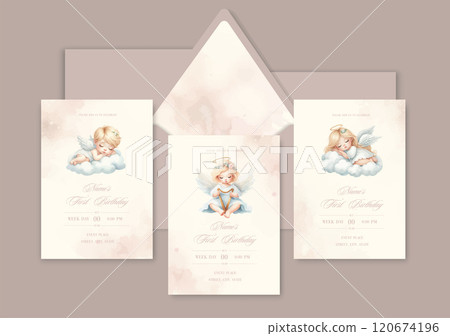 First birthday watercolor Invitation Template card with newborn blond baby angel with wings. First birthday watercolor Invitation Template card with newborn blond baby angel with wings. 120674196