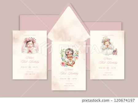 First birthday watercolor Invitation Template card with newborn baby, dark skinned child. 120674197