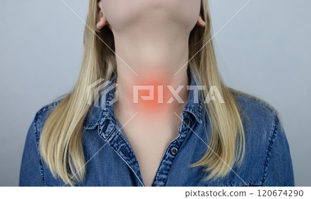 Thyroid disease. Woman points to her neck where the thyroid gland is located. Examination and monitoring of thyroid hormones 120674290