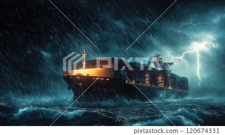 A container cargo ship navigates through a turbulent sea under stormy skies. The concept of global trade challenges, maritime resilience, and the power of nature. Generative ai. 120674331