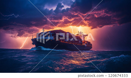 A container cargo ship navigates through a turbulent sea under stormy skies. The concept of global trade challenges, maritime resilience, and the power of nature. Generative ai. 120674333