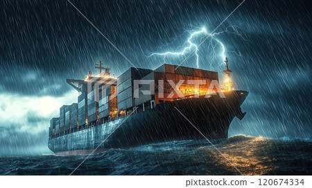 A container cargo ship navigates through a turbulent sea under stormy skies. The concept of global trade challenges, maritime resilience, and the power of nature. Generative ai. 120674334