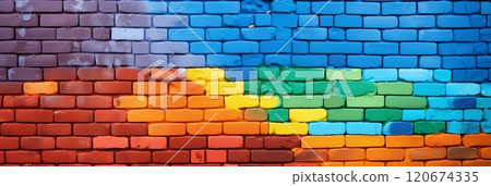 Full frame image of a vibrant lgbt flag painted wall with banner and colorful palette 120674335