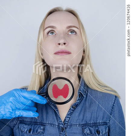 An endocrinologist examines a patient's thyroid gland. Prevention and treatment of thyroid diseases 120674416