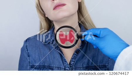 An endocrinologist examines a patient's thyroid gland. Prevention and treatment of thyroid diseases An endocrinologist examines a patient's thyroid gland. Prevention and treatment of thyroid diseases 120674417